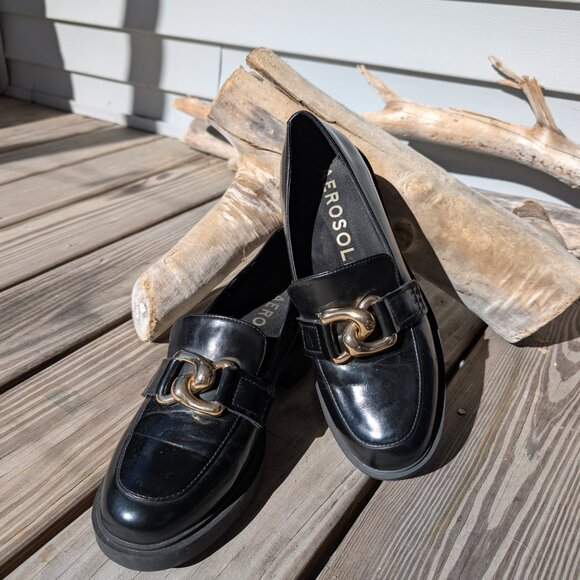 Womens Gibbon Block Heel Loafer Black Gold Buckle Platform Chunky Lug Sole 8.5 9 - Picture 2 of 9